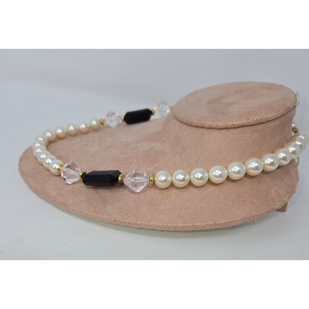 Faux Pearl Black Onyx Beaded Choker Necklace 18" Vintage Fashion Costume Jewelry - Picture 2 of 10